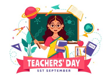 Happy Teachers Day in India Vector Illustration featuring Teacher Wearing Traditional Clothes and School Equipment in a Flat Cartoon Background clipart