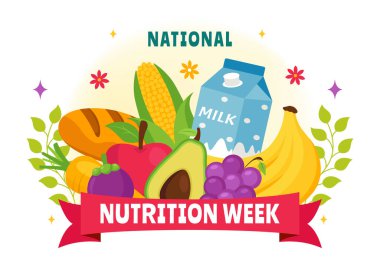 Ulusal Beslenme Haftası Vektör İlülasyonu 7 Eylül 'de Sağlıklı Yemek ve Yaşam Tarzı Seçenekleri ile Arka planda Meyve ve Sebzeler