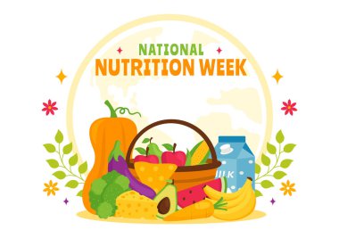 Ulusal Beslenme Haftası Vektör İlülasyonu 7 Eylül 'de Sağlıklı Yemek ve Yaşam Tarzı Seçenekleri ile Arka planda Meyve ve Sebzeler