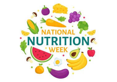 Ulusal Beslenme Haftası Vektör İlülasyonu 7 Eylül 'de Sağlıklı Yemek ve Yaşam Tarzı Seçenekleri ile Arka planda Meyve ve Sebzeler