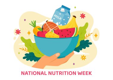 Ulusal Beslenme Haftası Vektör İlülasyonu 7 Eylül 'de Sağlıklı Yemek ve Yaşam Tarzı Seçenekleri ile Arka planda Meyve ve Sebzeler