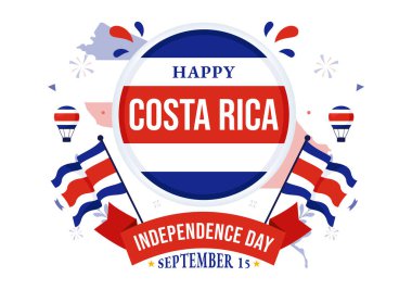 15 Eylül için Kosta Rika Vektör İllüstrasyonu 'nun Bağımsızlık Günü' nde Sallanan Bayrak ve Konfeti Düz Tarzlı Çizgi Film Arkaplanında