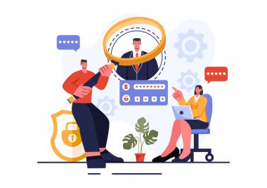 Bir Düz Biçim Karikatür Arkaplanı üzerinde Fotoğraf, Belge ve Yüz Kimlik Sistemi ile Kimlik Kartı Tanımlama Vektörü ResmiComment