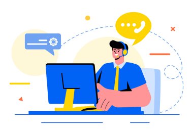 Düz Biçimli Çizgi Arkaplan Bilgisayarlı Müşteri Hizmetleri Temsilcisi veya Yardım Hattı Operatörünü Ara