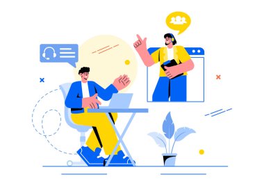 Düz Biçimli Çizgi Arkaplan Bilgisayarlı Müşteri Hizmetleri Temsilcisi veya Yardım Hattı Operatörünü Ara