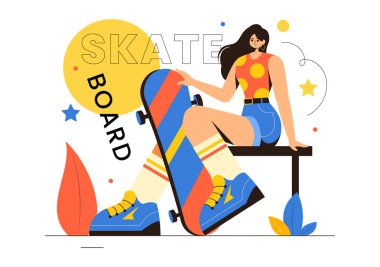 Kaykay Vektörü İllüstrasyonunda Kaykaycıların Düz Stil Çizgi Film Arkaplanda Bir Kaykay Pistinde Zıplaması