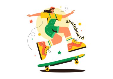 Kaykay Vektörü İllüstrasyonunda Kaykaycıların Düz Stil Çizgi Film Arkaplanda Bir Kaykay Pistinde Zıplaması