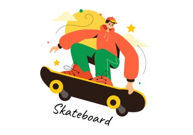 Kaykay Vektörü İllüstrasyonunda Kaykaycıların Düz Stil Çizgi Film Arkaplanda Bir Kaykay Pistinde Zıplaması