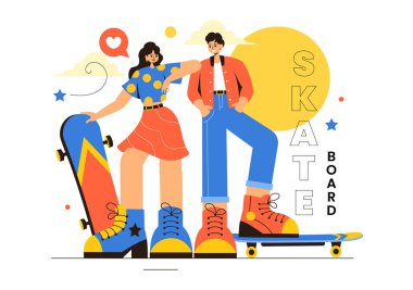 Kaykay Vektörü İllüstrasyonunda Kaykaycıların Düz Stil Çizgi Film Arkaplanda Bir Kaykay Pistinde Zıplaması