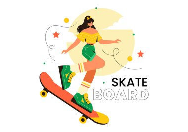 Kaykay Vektörü İllüstrasyonunda Kaykaycıların Düz Stil Çizgi Film Arkaplanda Bir Kaykay Pistinde Zıplaması