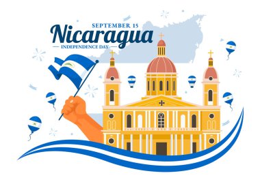 Nikaragua Bağımsızlık Günü Vektör İlülasyonu 15 Eylül 'de Ulusal Bayram Biçimli Çizgi Film Arkaplanında Sallanan Bayrak ve Kurdele