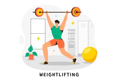 Ağırlıklı halteri kaldıran bir sporcunun spor aletleri ve düz zeminde vücut geliştirici eğitimi aldığı halter tasviri