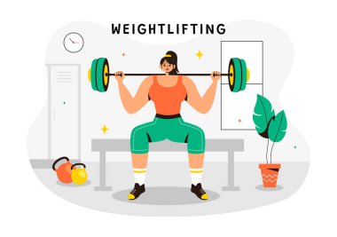 Ağırlıklı halteri kaldıran bir sporcunun spor aletleri ve düz zeminde vücut geliştirici eğitimi aldığı halter tasviri