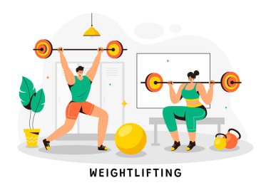 Ağırlıklı halteri kaldıran bir sporcunun spor aletleri ve düz zeminde vücut geliştirici eğitimi aldığı halter tasviri