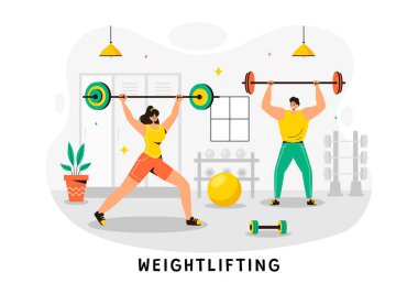 Ağırlıklı halteri kaldıran bir sporcunun spor aletleri ve düz zeminde vücut geliştirici eğitimi aldığı halter tasviri