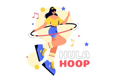 Hula Hoop Vektör İllüstrasyonu İnsanların Egzersiz ve Hula Hoops Oynaması, Düz Tarzlı Çizgi Film Arkaplanındaki Fitness Eğitim Faaliyetleri