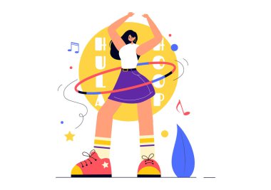 Hula Hoop Vektör İllüstrasyonu İnsanların Egzersiz ve Hula Hoops Oynaması, Düz Tarzlı Çizgi Film Arkaplanındaki Fitness Eğitim Faaliyetleri
