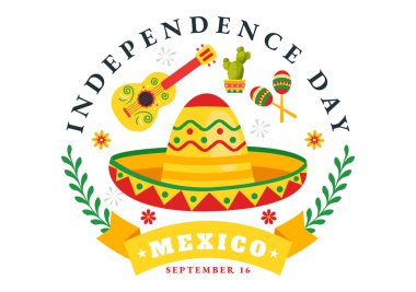 Meksika Bağımsızlık Günü Vektör Resimleri 16 Eylül 'de Ulusal Tatil Biçimli Çizgi Film Arkaplanında Sallanan Bayrak ve Kurdele