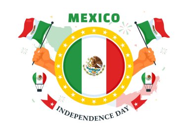 Meksika Bağımsızlık Günü Vektör Resimleri 16 Eylül 'de Ulusal Tatil Biçimli Çizgi Film Arkaplanında Sallanan Bayrak ve Kurdele