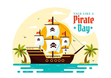 Şirin Korsan Çizgi Film Karakterleri ve Düz Çizgi Film Arkaplanındaki Dekoratif Elementlerle Uluslararası Konuşma Bir Korsan Günü Vektör İlülasyonu