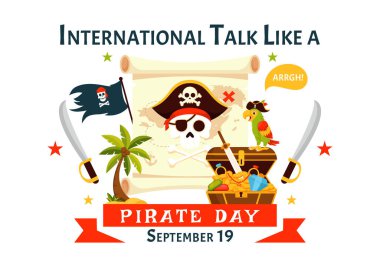 Şirin Korsan Çizgi Film Karakterleri ve Düz Çizgi Film Arkaplanındaki Dekoratif Elementlerle Uluslararası Konuşma Bir Korsan Günü Vektör İlülasyonu