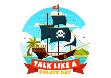 Şirin Korsan Çizgi Film Karakterleri ve Düz Çizgi Film Arkaplanındaki Dekoratif Elementlerle Uluslararası Konuşma Bir Korsan Günü Vektör İlülasyonu