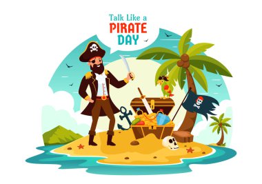 Şirin Korsan Çizgi Film Karakterleri ve Düz Çizgi Film Arkaplanındaki Dekoratif Elementlerle Uluslararası Konuşma Bir Korsan Günü Vektör İlülasyonu