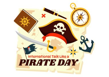 Şirin Korsan Çizgi Film Karakterleri ve Düz Çizgi Film Arkaplanındaki Dekoratif Elementlerle Uluslararası Konuşma Bir Korsan Günü Vektör İlülasyonu