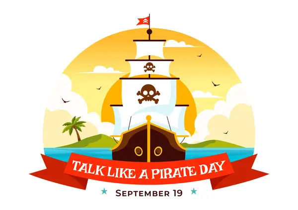 stock vector International Talk Like a Pirate Day Vector Illustration with Cute Pirate Cartoon Characters and Decorative Elements in Flat Style Cartoon Background