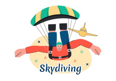 Skydiving Vector Illustration with skydivers kullanın Paraşütler ve Açık Hava Faaliyetleri için Gökyüzü Atlama Bir Düz Ekstrem Spor Stili Çizgi Arkaplan