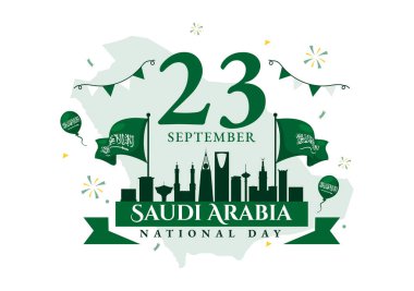 Suudi Arabistan Ulusal Günü, 23 Eylül 'de Suudi Arabistan Krallığı Bayrağı ve Şehir Manzarası Düz Arkaplan Vektör Resimlerinde