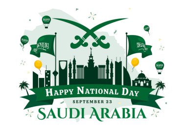 Suudi Arabistan Ulusal Günü, 23 Eylül 'de Suudi Arabistan Krallığı Bayrağı ve Şehir Manzarası Düz Arkaplan Vektör Resimlerinde