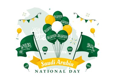 Suudi Arabistan Ulusal Günü, 23 Eylül 'de Suudi Arabistan Krallığı Bayrağı ve Şehir Manzarası Düz Arkaplan Vektör Resimlerinde