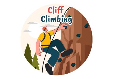 Düz bir Karikatür Arkaplanındaki Uçuruma Tırmanan Bir Kaya Duvarı ya da Sıradışı Sporların Dağ Kayalıklarına Tırmanan Bir Tırmanan Vector Illulation