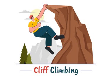 Düz bir Karikatür Arkaplanındaki Uçuruma Tırmanan Bir Kaya Duvarı ya da Sıradışı Sporların Dağ Kayalıklarına Tırmanan Bir Tırmanan Vector Illulation