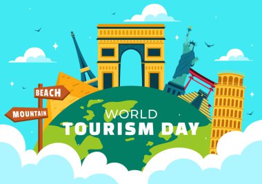 Dünya Turizm Günü Vektör Resimlerinde bir Çizgi Film Arkaplanındaki Yeryüzü ve Ünlü Tarihi Eserler, Mimari Eserler ve Ulusal Heykeller yer alıyor