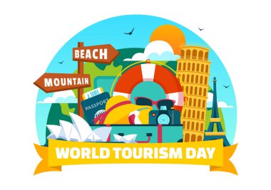 Dünya Turizm Günü Vektör Resimlerinde bir Çizgi Film Arkaplanındaki Yeryüzü ve Ünlü Tarihi Eserler, Mimari Eserler ve Ulusal Heykeller yer alıyor
