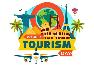 Dünya Turizm Günü Vektör Resimlerinde bir Çizgi Film Arkaplanındaki Yeryüzü ve Ünlü Tarihi Eserler, Mimari Eserler ve Ulusal Heykeller yer alıyor