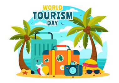 Dünya Turizm Günü Vektör Resimlerinde bir Çizgi Film Arkaplanındaki Yeryüzü ve Ünlü Tarihi Eserler, Mimari Eserler ve Ulusal Heykeller yer alıyor