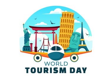 Dünya Turizm Günü Vektör Resimlerinde bir Çizgi Film Arkaplanındaki Yeryüzü ve Ünlü Tarihi Eserler, Mimari Eserler ve Ulusal Heykeller yer alıyor