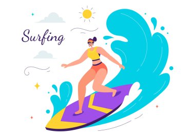 Summer Surfing Vector Illustration of Water Sports Activities, Featuring Surfboards Riding Ocean Waves or Floating in a Flat Style Cartoon Background clipart