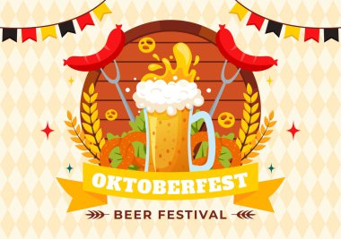 Bira, Sosis, Zencefilli, Fıçı, Alman Bayrağı ve Buğday Tarzı Tarzında Buğdaylı Mutlu Oktoberfest Parti Festivali Vektör İlülasyonu