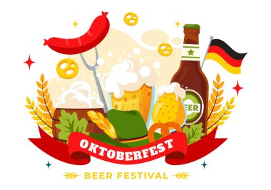 Bira, Sosis, Zencefilli, Fıçı, Alman Bayrağı ve Buğday Tarzı Tarzında Buğdaylı Mutlu Oktoberfest Parti Festivali Vektör İlülasyonu