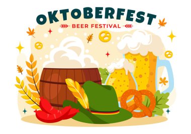 Bira, Sosis, Zencefilli, Fıçı, Alman Bayrağı ve Buğday Tarzı Tarzında Buğdaylı Mutlu Oktoberfest Parti Festivali Vektör İlülasyonu