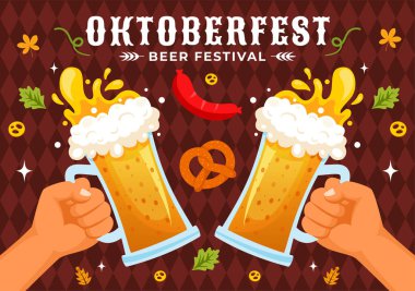 Bira, Sosis, Zencefilli, Fıçı, Alman Bayrağı ve Buğday Tarzı Tarzında Buğdaylı Mutlu Oktoberfest Parti Festivali Vektör İlülasyonu