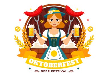 Bira, Sosis, Zencefilli, Fıçı, Alman Bayrağı ve Buğday Tarzı Tarzında Buğdaylı Mutlu Oktoberfest Parti Festivali Vektör İlülasyonu