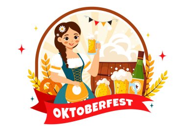 Bira, Sosis, Zencefilli, Fıçı, Alman Bayrağı ve Buğday Tarzı Tarzında Buğdaylı Mutlu Oktoberfest Parti Festivali Vektör İlülasyonu