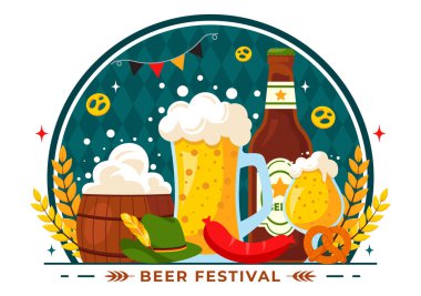 Bira, Sosis, Zencefilli, Fıçı, Alman Bayrağı ve Buğday Tarzı Tarzında Buğdaylı Mutlu Oktoberfest Parti Festivali Vektör İlülasyonu