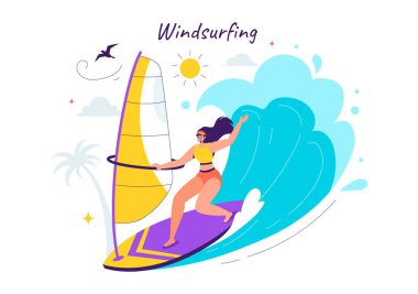 Yelkenli teknede duran, yelkenliyi tutan düz arkaplanda ekstrem su sporu yapan bir insanla rüzgar sörfünün vektör çizimi