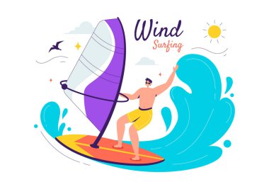 Yelkenli teknede duran, yelkenliyi tutan düz arkaplanda ekstrem su sporu yapan bir insanla rüzgar sörfünün vektör çizimi